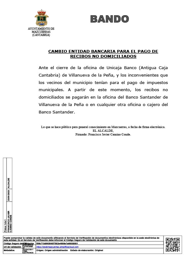 BANDO: CAMBIO ENTIDAD BANCARIA PARA EL PAGO DE RECIBOS